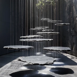 Creates an image of a gravity-defying fountain composed of separ...