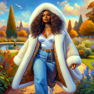 Craft a 4K glossy oil painting portraying a regal, plus-size Afr...