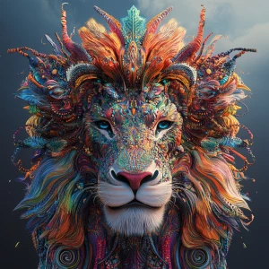 Create a 3D-rendered 8k UHD image of a lion with an extremely detailed, oversized psychedelic mane, incorporating vibrant colors and intricate patterns to emphasize a professional level of detail.