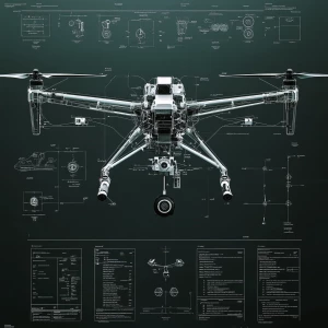 A detailed specification sheet for drone with callouts and dimensions, highly technical