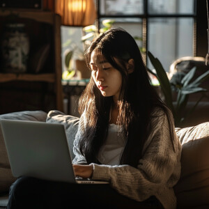 An Asian woman with long black hair is seated in the living room...