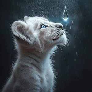 A young white lion cub with striking blue eyes gazes upwards at...