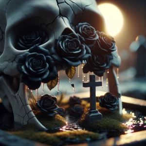 A close-up shot of a cracked ceramic skull , its sharp edges fra...