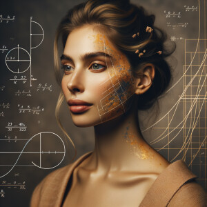 Abstract, minimalist, art cardiogram, charts complex, mathematical formulas, spontaneous lines, and paint marks, paint in hair, golden ratio