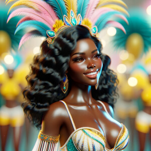 Create a 3-D  vivid full-body view of a colorful glossy hyper-realistic oil painting of a detailed illustration full length photo single image of a beautiful African-American caramel skinned woman plus sized, with long, black, wavy hair, her make up is airbrushed and flawless, she is dressed in a white, teal and yellow large, elaborate, elegant, very detailed carnival costume with colorful African-American pink, blue, gold yellow green feathers, flawless makeup, prominent lashes, black peep toe heels, white pixie hair, background bokeh, she is stunning and smiling, digital art.