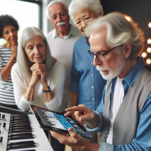Senior man using an iPad to compose music with Suno.ai app, surr...