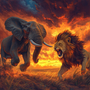 Foreground: An elephant with flared ears and a raised trunk alon...