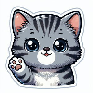 стикер. милый котенок серого цвета с темными полосами улыбается...