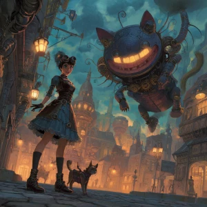 Alice in a steampunk world — wearing brass goggles, a leather co...