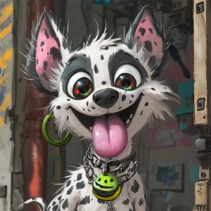 Create a cartoon-style anthropomorphic dog with white and gray s...