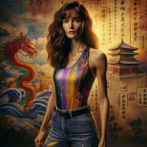 Athletic Thin skinny Attractive, Asian teenage girl, long brown hair and bangs, wearing tight skinny jeans and a halter top paint marks on her clothing, heroic pose Asian graffiti background, side view