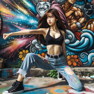 teenage girl, long brown hair and bangs, wearing tight skinny jeans and a halter top paint marks on her clothing, heroic pose Asian graffiti background, nearing on one knee