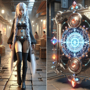 A beautiful girl with long white hair braided in two braids and...