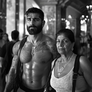 A muscular, tattooed man glistening with sweat accompanies his 5...