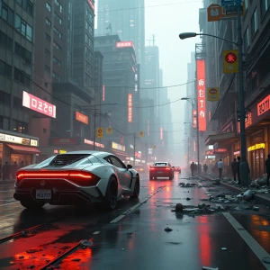 Visualize a bustling, dystopian cityscape set in the future, fea...