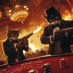 Well-dressed mafia cats exchanging gunfire inside a luxurious ca...