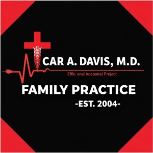 A professional medical sign with a black background and red acce...