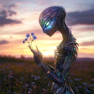 an otherworldly being standing gracefully in a serene field, hol...