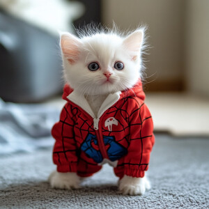 white kitten wearing spiderman jumpsuit
