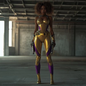 Capture a wide camera angle of a superheroine standing in an emp...