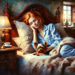 A beautiful red haired woman in pajamas and her cute yorkie pupp...
