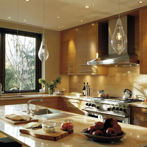 Design a European kitchen with sleek wood cabinets and stylish c...