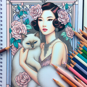 An erté type of drawing in color with the woman holding a cat