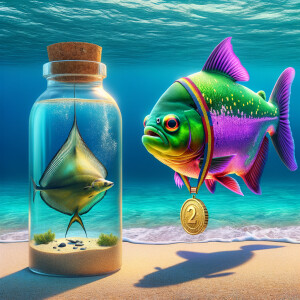 Realistic
Ocean
Purple neon green piranha wearing a gold medal...