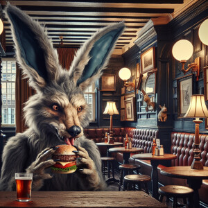 A laughing wolf psychopath with huge rabbit ears eating a sloppy...