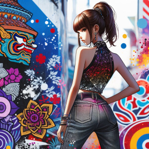 Attractive, Asian teenage girl, long brown hair and bangs, wearing tight skinny jeans and a halter top paint marks on her clothing, backside view heroic pose Asian graffiti