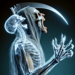 Hyper realistic image of a grim reaper screaming while standing...