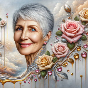 A horizontal portrait of a thinner, smiling curvy 80 year old Ca...