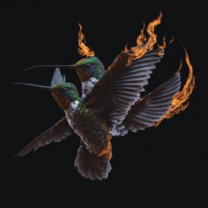 Create an image of a hummingbird exhaling flames from its beak m...