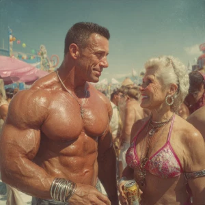 Create a hyperrealistic image of a muscular, sweaty American man...