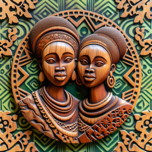 wood carving, green and brown, detailed patterned background, be...