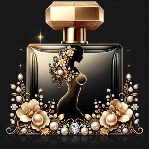 Design a fancy, black and gold bottle of perfume in the shape of a woman’s body. With a golden diamond top, flowers pearls and Diamonds in the name, Karen