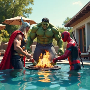 Thor, Hulk and Wolverine barbecue in a hot Sumer day Spiderman,...