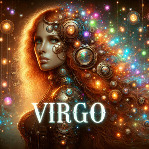 A steampunk portrayal of a Virgo woman with long ginger hair, pr...