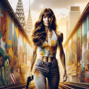 Athletic Thin skinny Attractive, Asian teenage girl, long brown hair and bangs, wearing tight skinny jeans and a halter top paint marks on her clothing, heroic pose Asian graffiti background, backside view