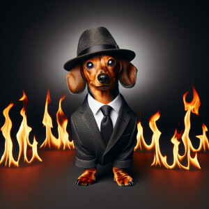 Cute Dachshund in business suit and hat stay in flame