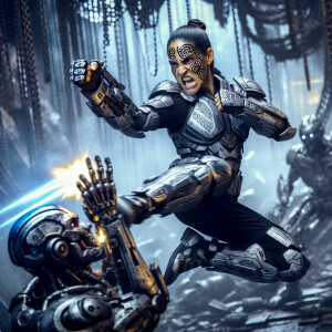 An armored warrior female with intricate black ancient symbols p...