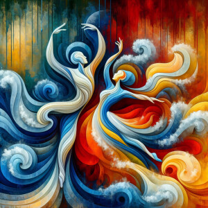 The image is an abstract brushed water canvas painting depicting...