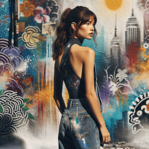 Athletic Thin skinny Attractive, Asian teenage girl, long brown hair and bangs, wearing tight skinny jeans and a halter top paint marks on her clothing, heroic pose Asian graffiti background, backside view