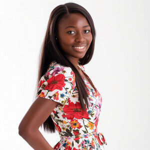 A cute woman

Smiling 

Clothes: Floral Dress

Looks Clean & Mod...