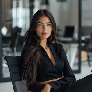 Fair-skinned woman with dark long hair, elegant and composed, si...