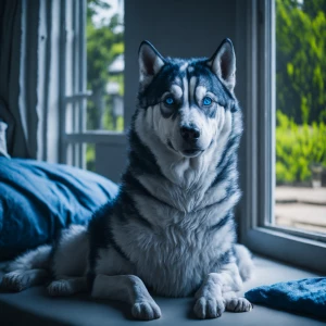 Please generate an image of a fluffy gray husky with bright blue...