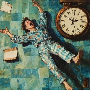 Create a humorous image of an individual frantically racing agai...