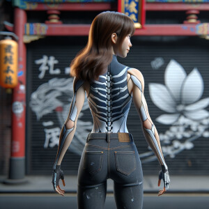 Athletic Thin skinny Attractive, Asian teenage girl, long brown hair and bangs, wearing tight skinny jeans and a halter top paint marks on her clothing, heroic pose Asian graffiti background, backside view