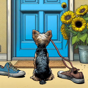 Photorealistic comic hyperrealism. Yorkie sitting in front of a...
