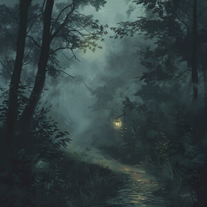 AI Image: A dark, foggy forest with the faint outline of a path...
